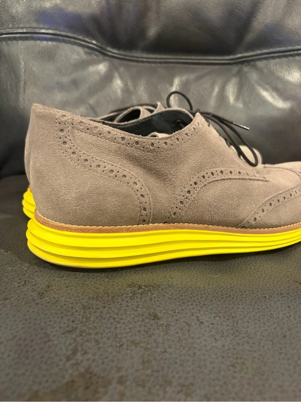 Cole Haan Grey Suede Wingtip Oxford with Yellow Sole